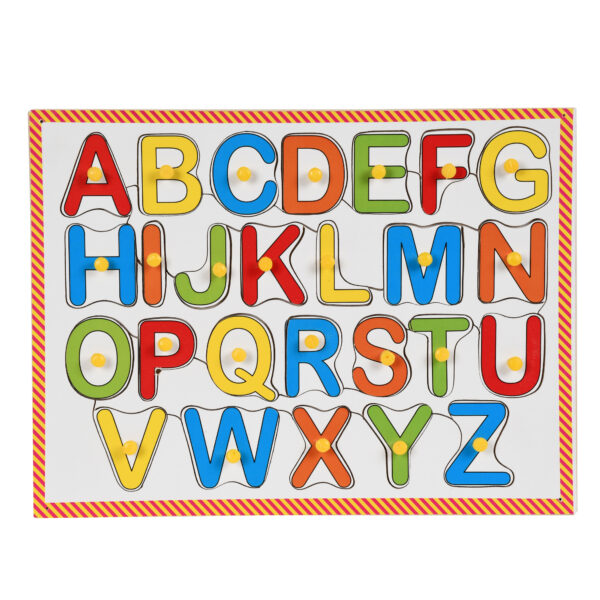 Wooden English Alphabets Pairing Set With Knobs Puzzle Tray Board; Match The Multicolor English Capital Alphabets to Lower Case Cursive Alphabets; Learning Toy for Kids 2 Years Old and Above