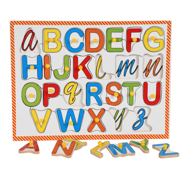 Wooden English Alphabets Pairing Set With Knobs Puzzle Tray Board; Match The Multicolor English Capital Alphabets to Lower Case Cursive Alphabets; Learning Toy for Kids 2 Years Old and Above - Image 4