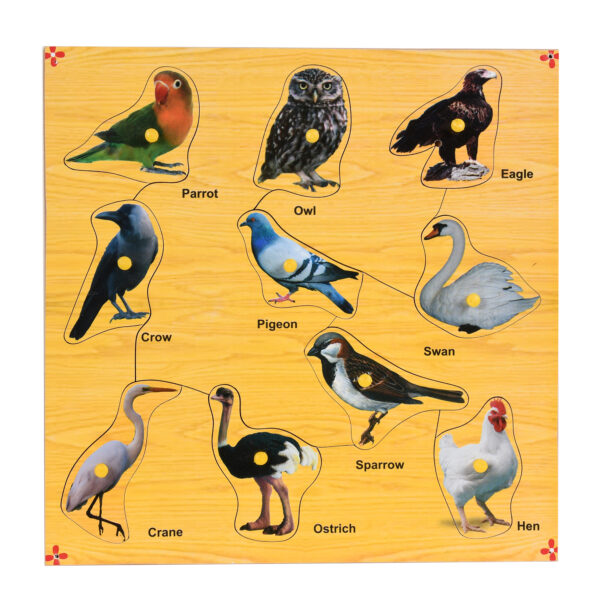 Wooden Colorful Birds Puzzle with Knobs Educational Board for Kids