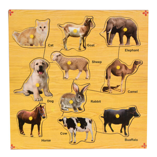 Wooden Colorful Domestic Animals Puzzle with Knobs Educational Board for Kids