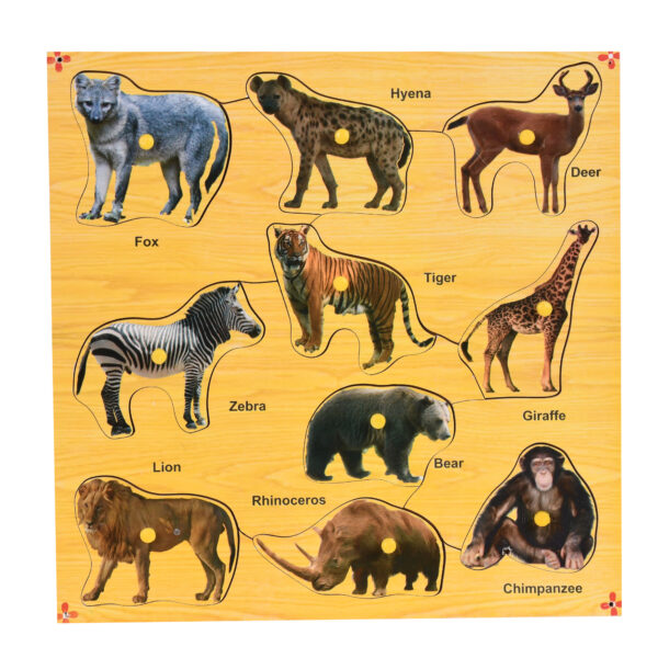 Wooden Colorful Wild Animals Puzzle with Knobs Educational Board for Kids