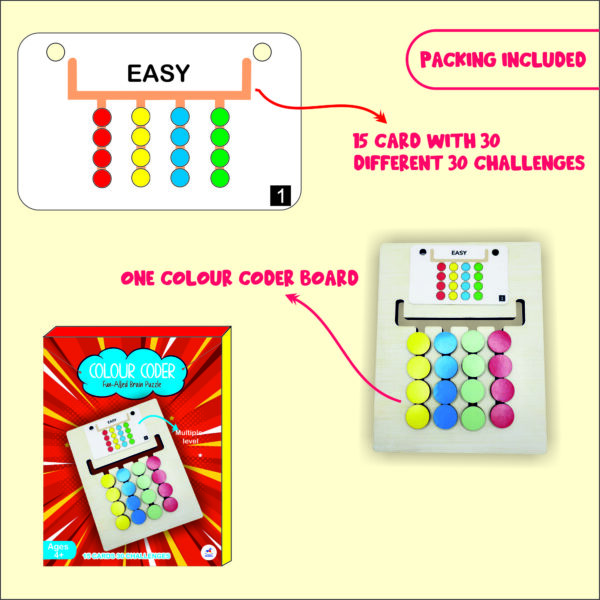 Wooden Color Coder Brain Exercise Slider Puzzle for Kids 3 to 10 years Compact Logic Game with 15 cards and 30 pattern  Challenges. - Image 3